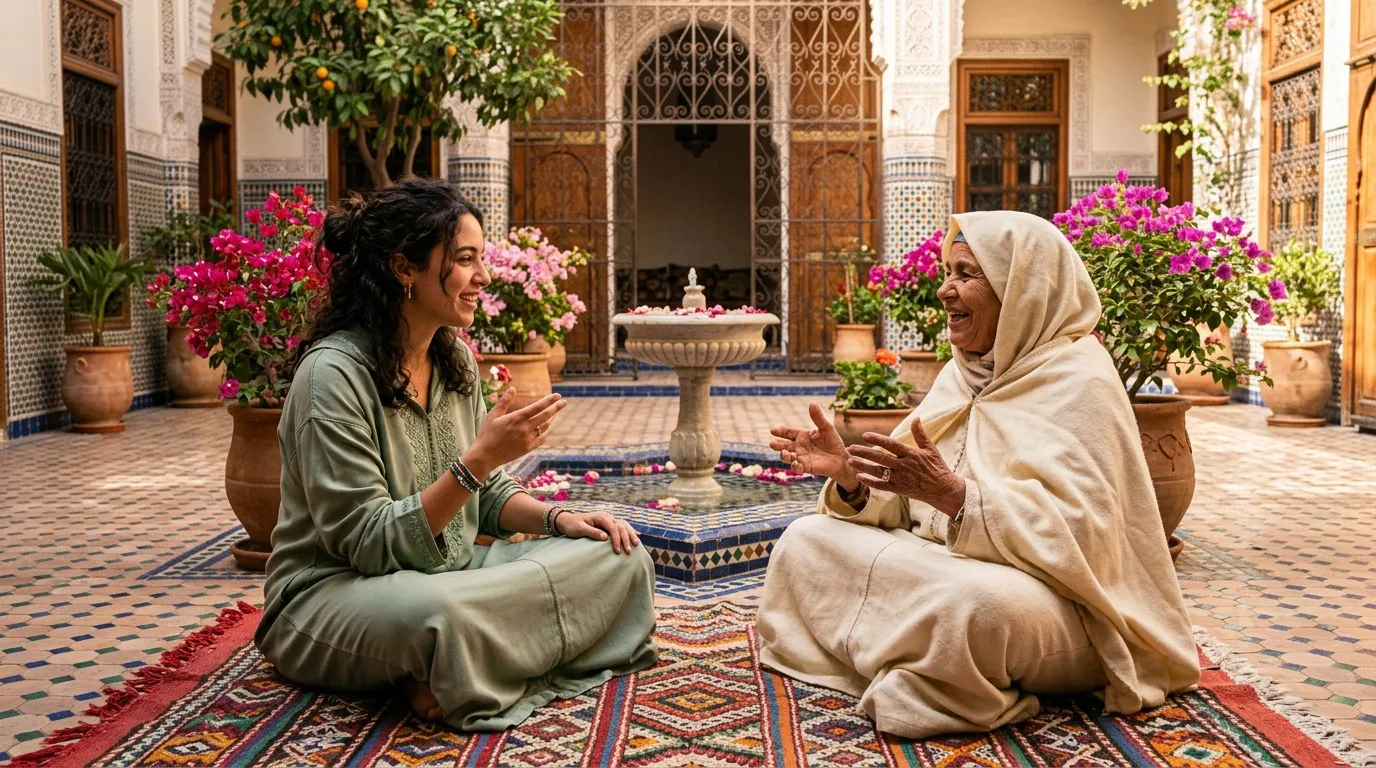 Deux femmes discutent dans une cour traditionnelle marocaine fleurie, en darija marocain bien évidemment.
