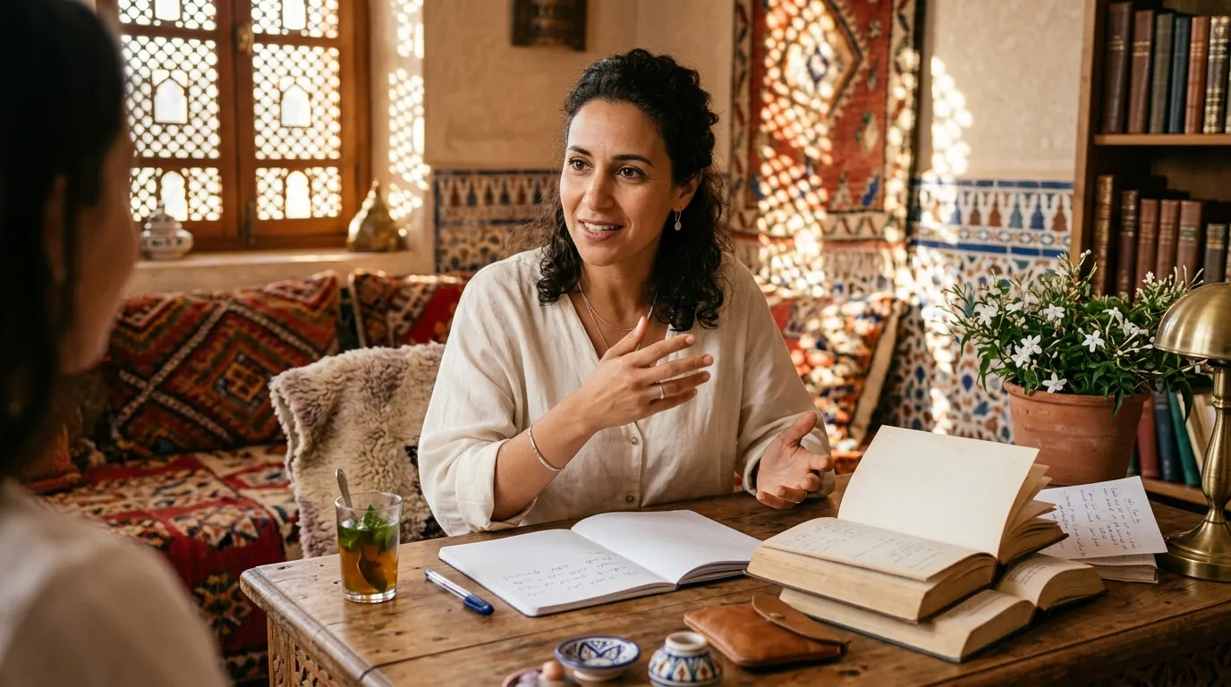 Une femme marocaine traduit des expressions en darija vers le français à son amie française.