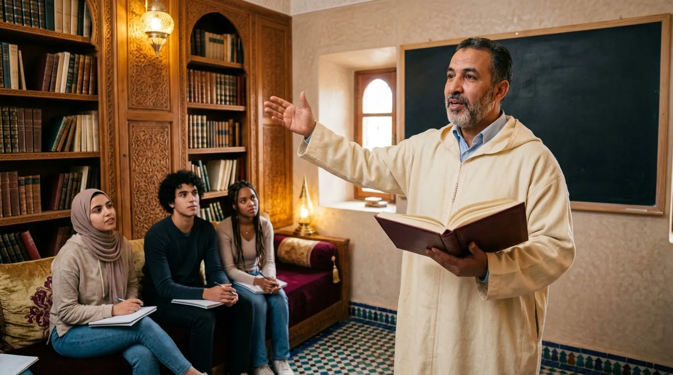Professeur marocain enseigne le darija à trois étudiants attentifs en classe.